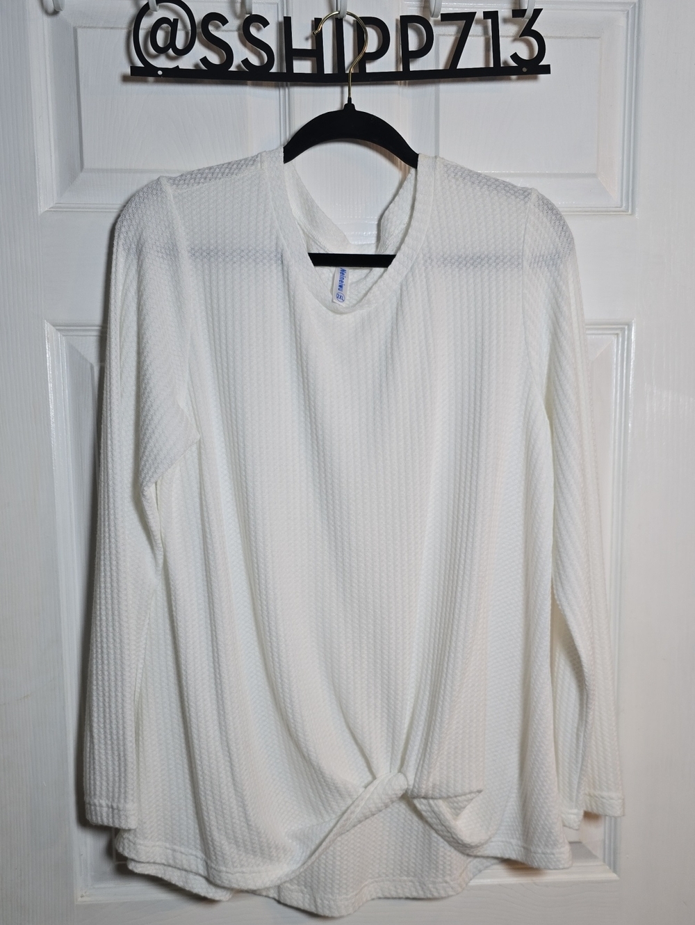 Neineiwu 2X White Waffle Knit Long Sleeve Twist Hem Top